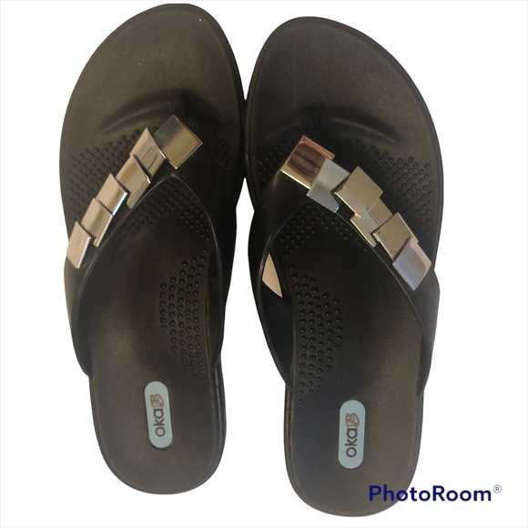 OKA b. Shoes Oka B Black Flip Flop Sandal With Metallic Detail